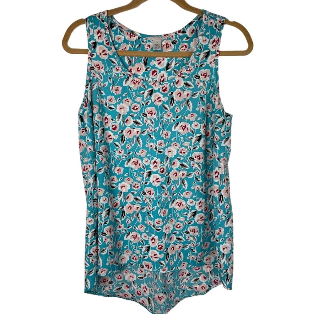 Floral Blouse Womens Medium Blue Sleeveless Career Top Preppy Scoop Neck‎ Shirt